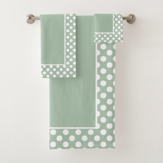 Soft Pretty Sage Green Polka Dot White Bath Towel Set (Insitu)
