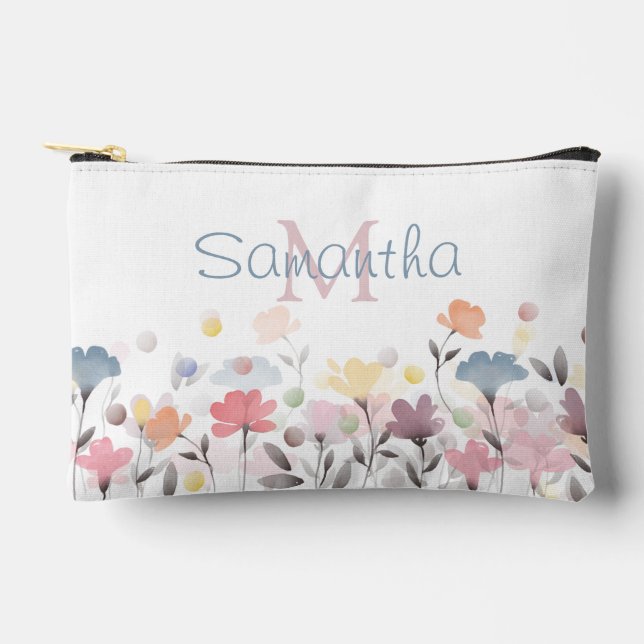 Soft Pretty Watercolor Art Flowers Personalised Accessory Pouch (Front)