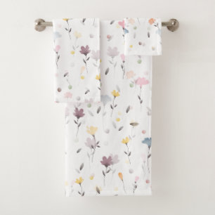 Soft Pretty Watercolor Flower Pattern White Bath Towel Set