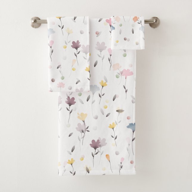 Soft Pretty Watercolor Flower Pattern White Bath Towel Set (Insitu)
