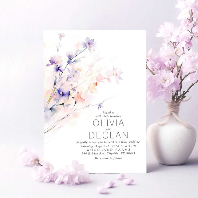 Soft Purple and Blush Flowers Elegant Wedding Invitation (Soft Purple and Pink Floral Wedding Invitations)