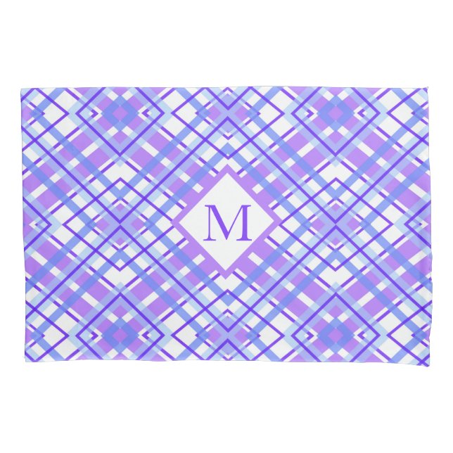 Soft Purple Blue Plaid Pastel Monogram Personalise Pillowcase (Front)