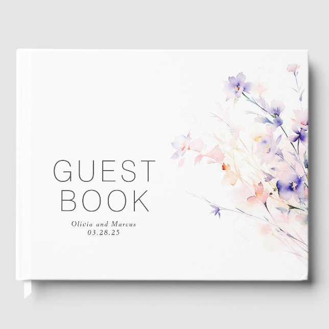 Soft Purple Blush Flowers Minimalist Wedding Guest Book (Front)
