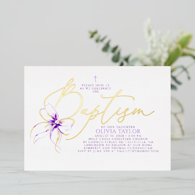 Soft Purple Bow Elegant Minimalist Modern Baptism (Standing Front)