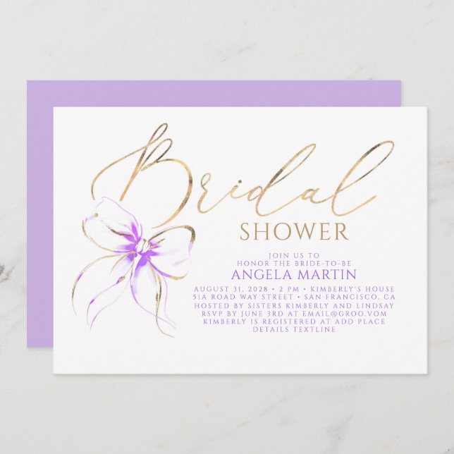 Soft Purple Bow Elegant Romantic Bridal Shower Invitation (Front/Back)