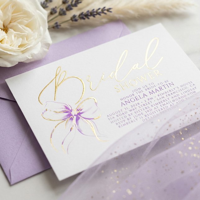 Soft Purple Bow She's Tying The Knot Bridal Shower (Light Purple Bow Gold Foil Bridal Shower Invitation)