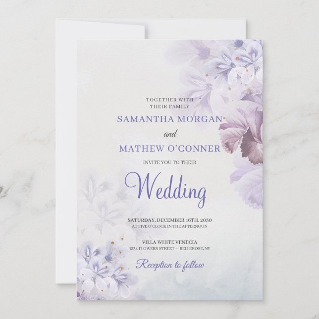 Soft purple dusty blue dusty pink floral wedding  invitation (Front)
