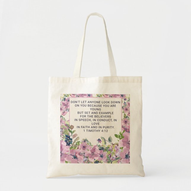 Soft Purple Floral Christian Bible Verse Tote Bag (Front)