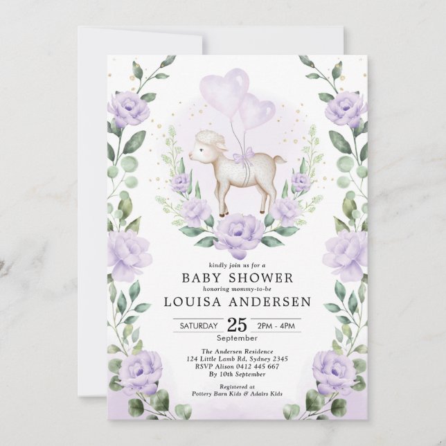 Soft Purple Flower Lamb Baby Shower Spring Garden Invitation (Front)