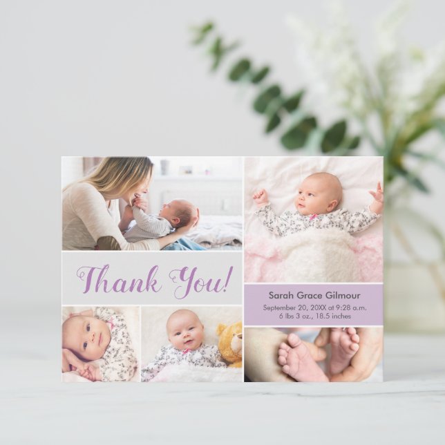 Soft Purple lavender Baby girl Custom photos  Thank You Card (Standing Front)