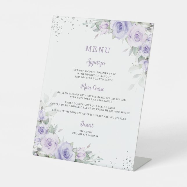 Soft Purple Lavender Floral Greenery Menu  Pedestal Sign (Front)