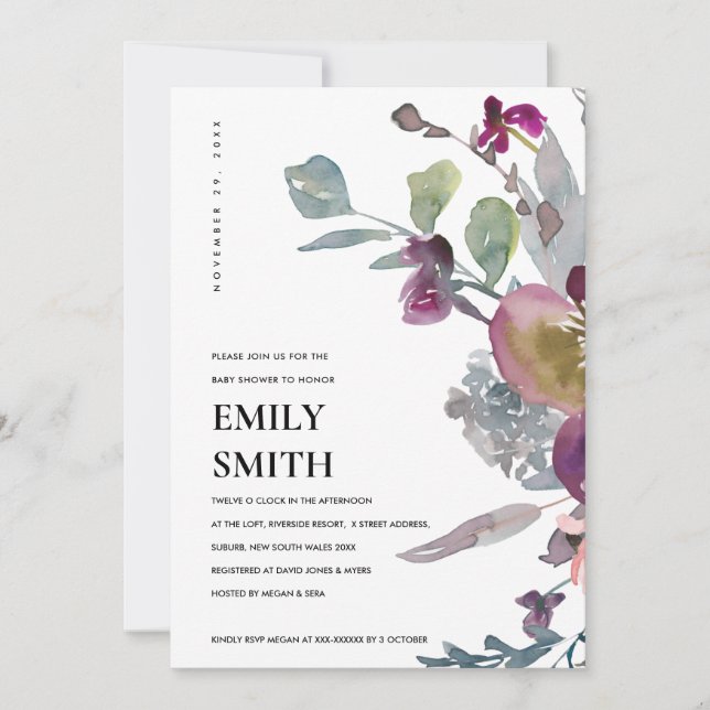 SOFT PURPLE LILAC FLORAL BABY SHOWER INVITE (Front)