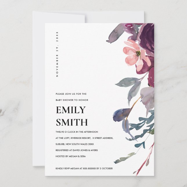 SOFT PURPLE LILAC FLORAL BABY SHOWER INVITE (Front)