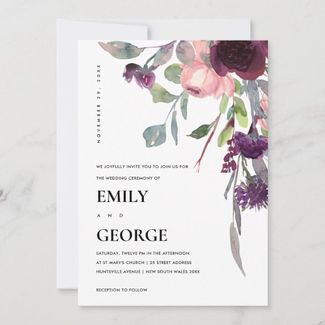 SOFT PURPLE LILAC WATERCOLOR FLORAL WEDDING INVITE (Front)