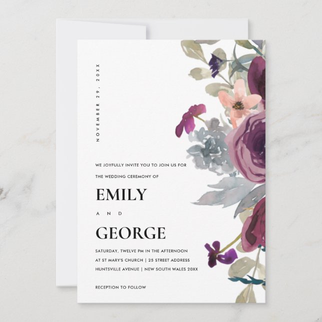 SOFT PURPLE LILAC WATERCOLOR FLORAL WEDDING INVITE (Front)
