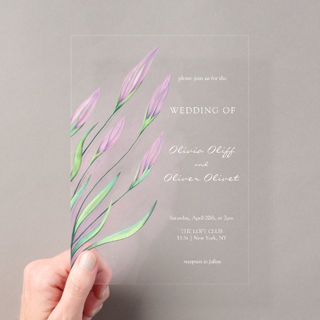 Soft Purple Lilies Wedding Acrylic Invitations (Insitu (Handheld))