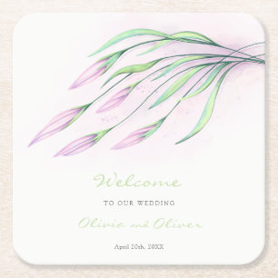 Soft Purple Lilies Wedding Welcome Square Paper Coaster