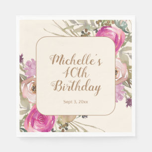 Soft Purple Pink Watercolor Floral 40th Birthday Napkin