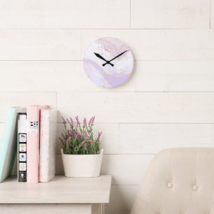 Soft Purple Watercolor Gold Splash Elegant Round Clock