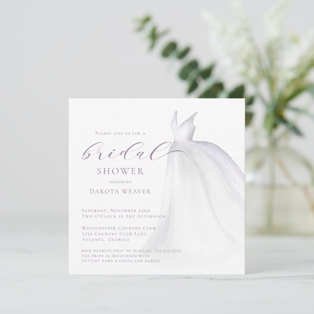 Soft Purple Watercolor Wedding Dress Bridal Shower Invitation (Standing Front)