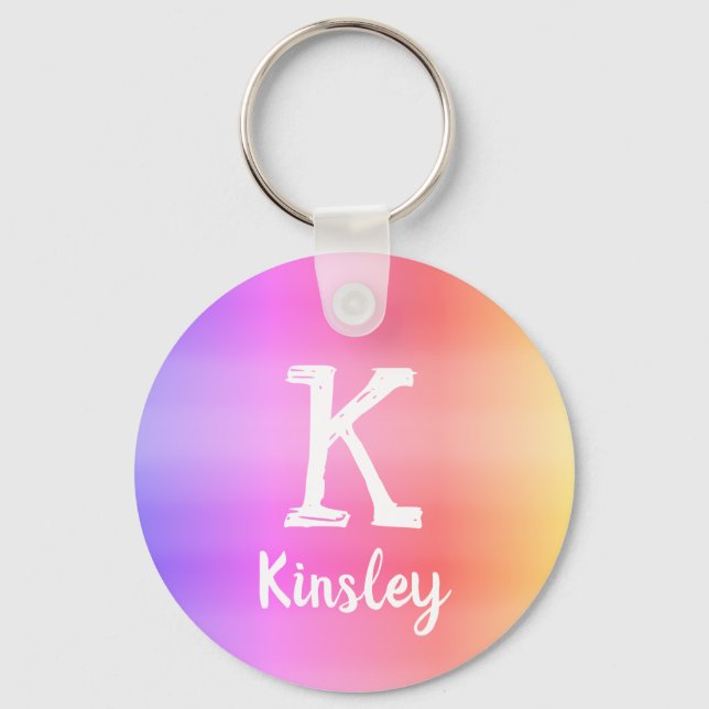 Soft Rainbow Ombre Colour Gradient Monogram Name  Key Ring (Front)