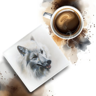 Soft Realistic Majestic White Wolf Portrait Glass Coaster