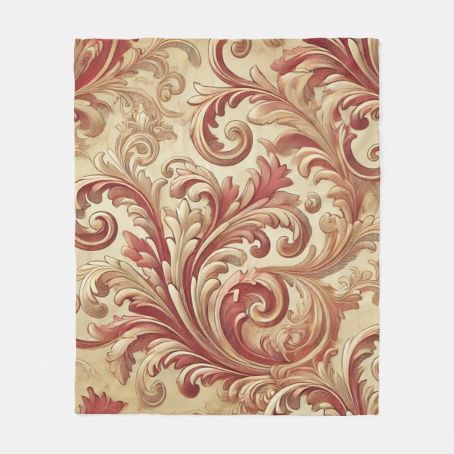 Soft Red and Gold Damask Pattern Fleece Blanket (Front)