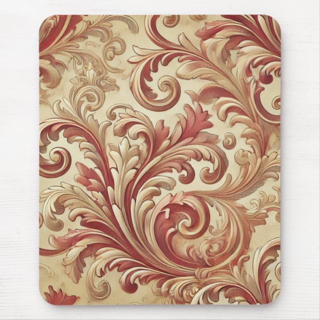 Soft Red and Gold Damask Pattern Mouse Mat (Front)