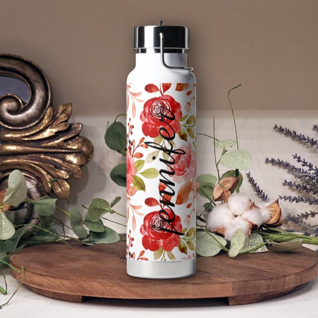 Soft Red Blush Pretty Floral Add Name Water Bottle (Creator Uploaded)