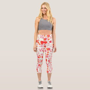 soft red floral seamless on white capri leggings