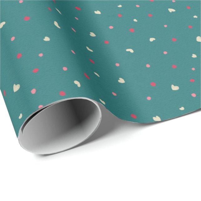 Soft Red & Green Polka Dots with Golden Hearts Wrapping Paper (Roll Corner)
