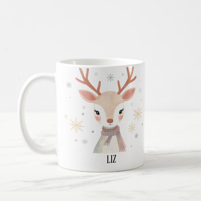 Soft Reindeer Illustration | Gentle Christmas Art Coffee Mug (Left)