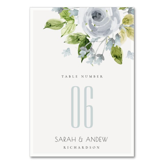 SOFT ROMANTIC AQUA BLUE  WATERCOLOUR FLORAL TABLE TABLE NUMBER (Front)