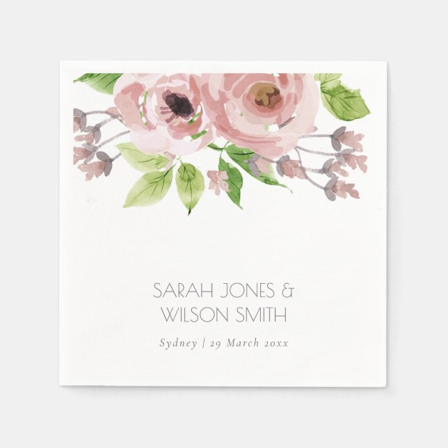 SOFT ROMANTIC BLUSH PINK WATERCOLOR FLORAL NAPKIN (Front)