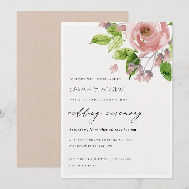 SOFT ROMANTIC BLUSH PINK WATERCOLOR FLORAL WEDDING INVITATION (Front/Back)