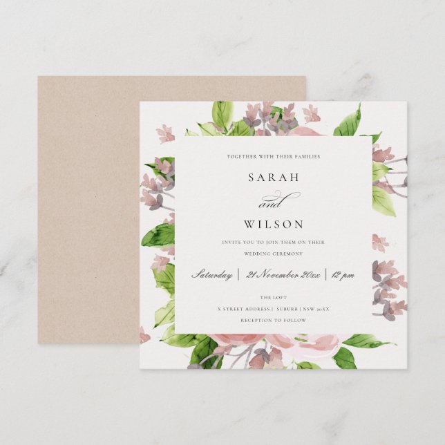 SOFT ROMANTIC BLUSH PINK WATERCOLOR FLORAL WEDDING INVITATION (Front/Back)