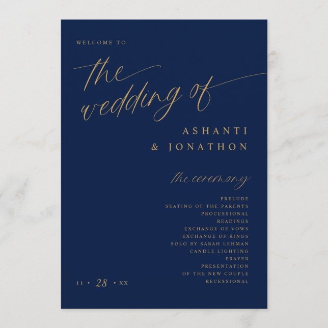 Soft Romantic Dark Navy Blue and Gold Wedding Programme (Front)