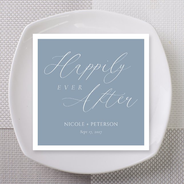 Soft Romantic Dusty Blue Wedding Napkin (Dusty blue napkin, "Happily Ever After" in white flourish calligraphy, personalized names)