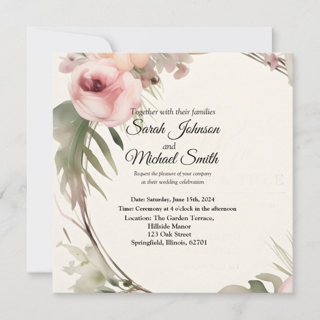 Soft, romantic, floral wedding invitation design (Front)