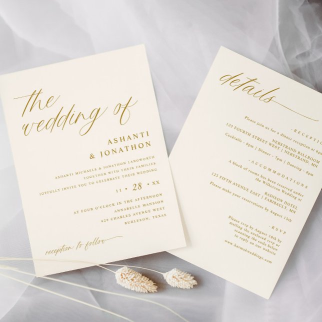 Soft Romantic Gold Ivory All in One Wedding Invitation (Cream and Gold Wedding Invitation with Details on the back - Soft Romantic Elegant Delicate)