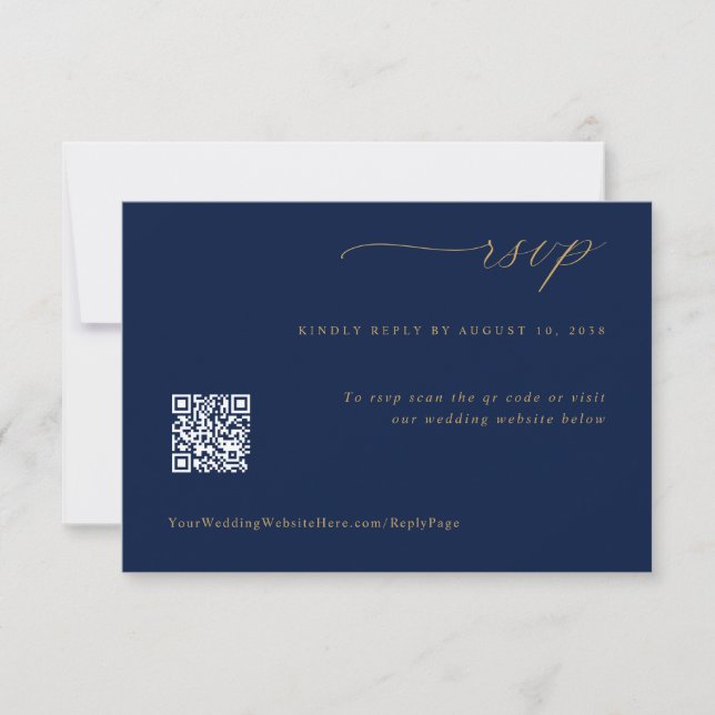 Soft Romantic Navy Blue Gold Wedding QR Code RSVP Card (Front)
