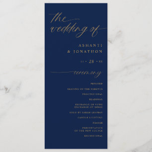 Soft Romantic Script Navy Blue and Gold Wedding Programme