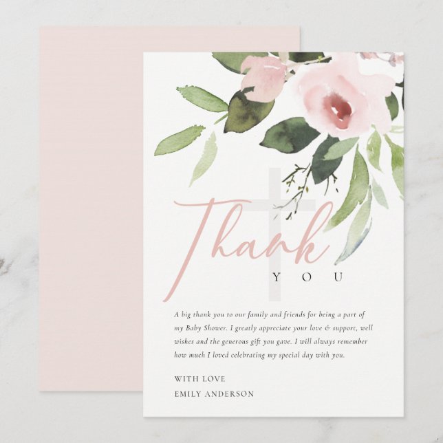 SOFT ROSE BLUSH PINK FLORAL BABY SHOWER THANK YOU INVITATION (Front/Back)