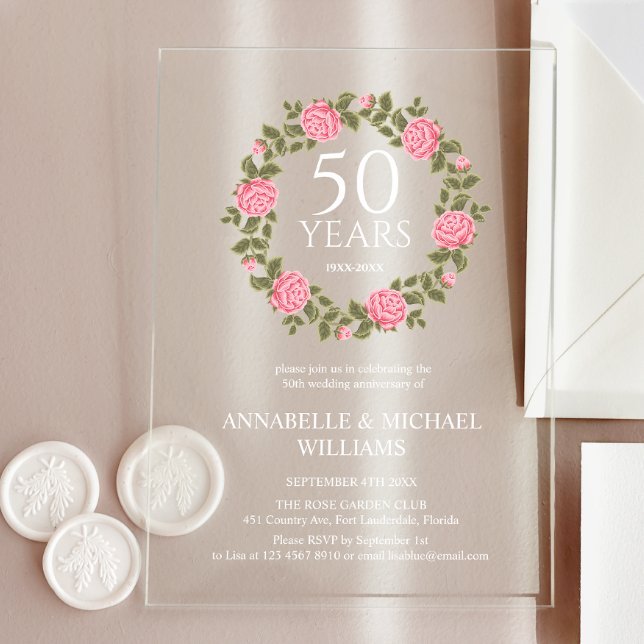 SOFT ROSE GARLAND 50th ANNIVERSARY GOLDEN Wedding  Acrylic Invitations (Creator Uploaded)