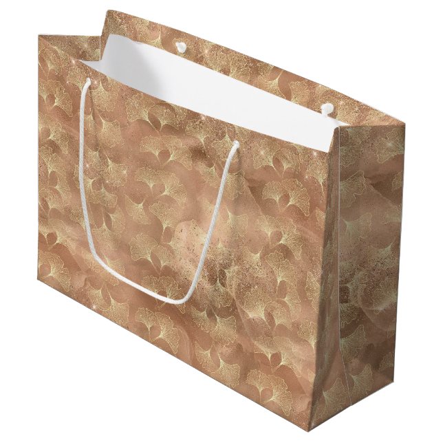 Soft Rose Ginkgo Botanical Gold Leaf Pattern Large Gift Bag (Front Angled)