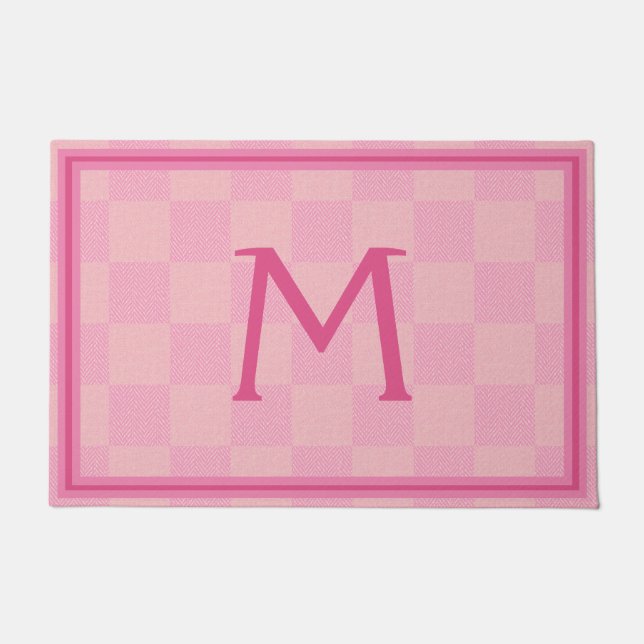 Soft Rose Pink Buffalo Plaid Monogram Doormat (Front)