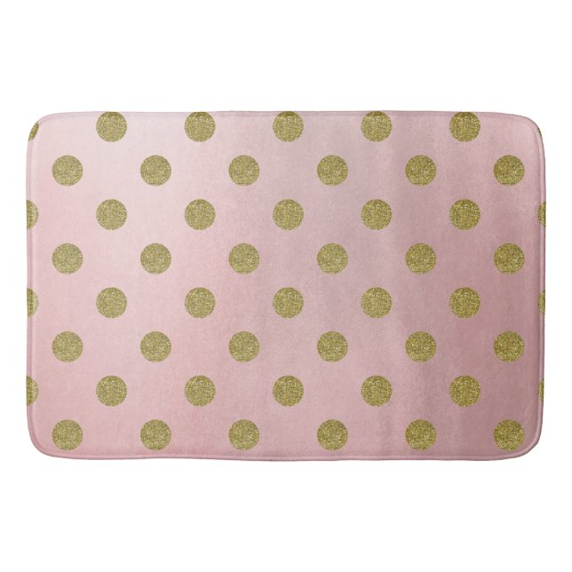 Soft Rose Pink Gold Glitter Glam Polka Dots Cute Bath Mat (Front)