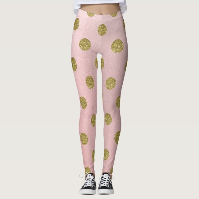 Soft Rose Pink Gold Glitter Glam Polka Dots Cute Leggings (Front)