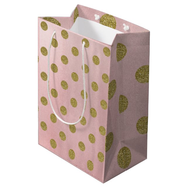 Soft Rose Pink Gold Glitter Glam Polka Dots Party Medium Gift Bag (Back Angled)