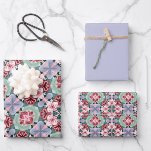 Soft Rose, Tea Green & Purple Tile Pattern Wrapping Paper Sheet